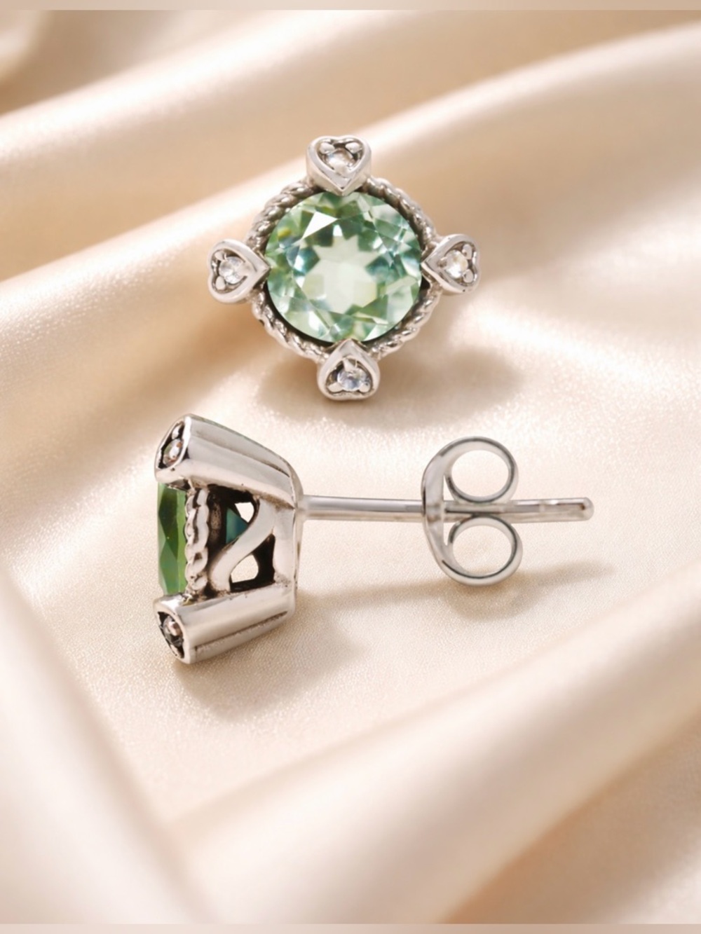 14K Prasiolite Diamond Hearts Cable Cushion Earrings